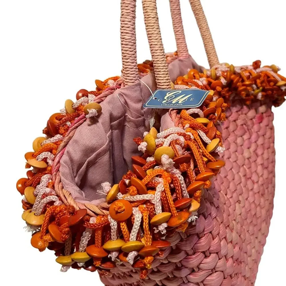 Pink Weaved Straw Hand Bag w/Orange/Tan Wood Beads Drawstring Closure NWT‎